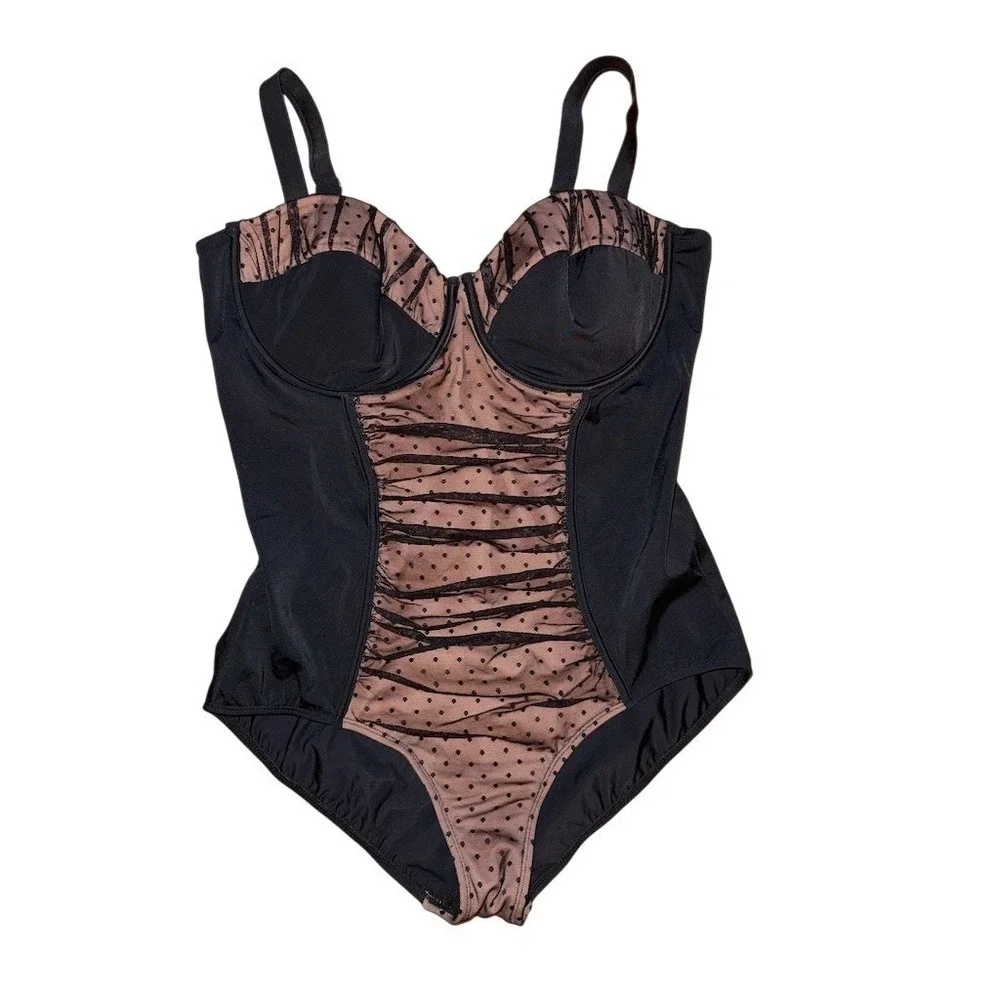 Swimsuits For All One Piece Swimsuit Size 18 plus Black Polka Dot Mesh underwire